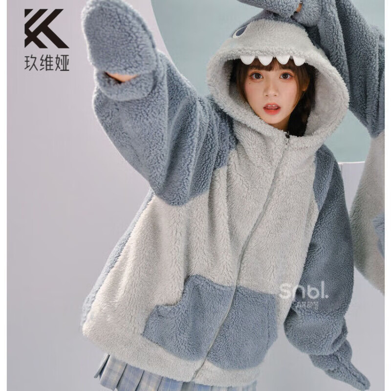 玖维娅绒自闭鲨鱼连帽卫衣女秋冬潮ins宽松原创设计感加绒开衫外套