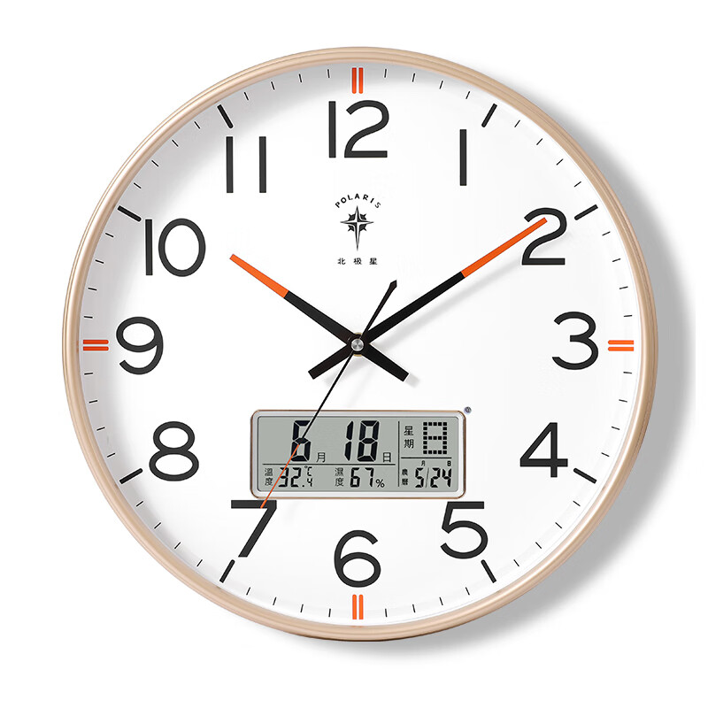 挂钟客厅2023新款时尚静音日历时钟挂墙石英钟 浅钛金圆形整点报时 14