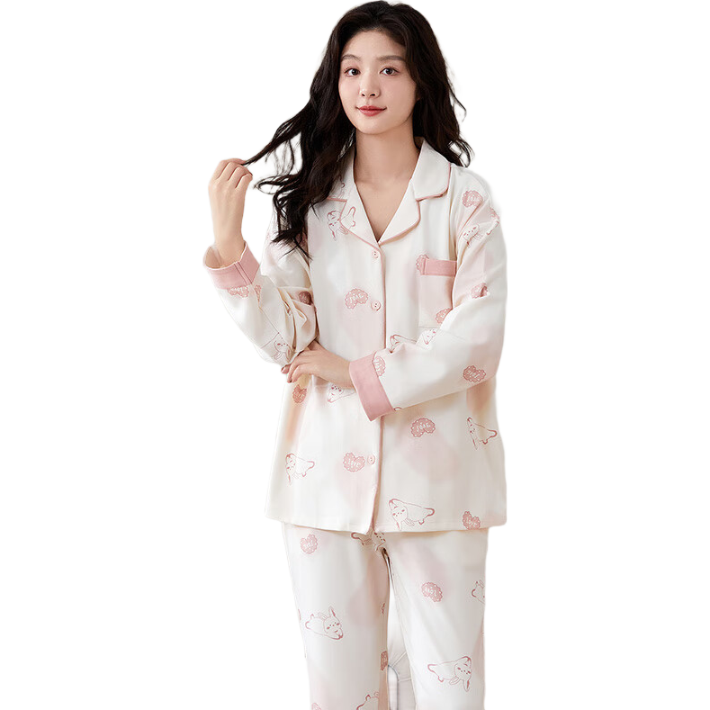 欧迪芬100%棉春夏女士睡衣女纯棉抑菌满印开衫可外穿家居服套装粉M