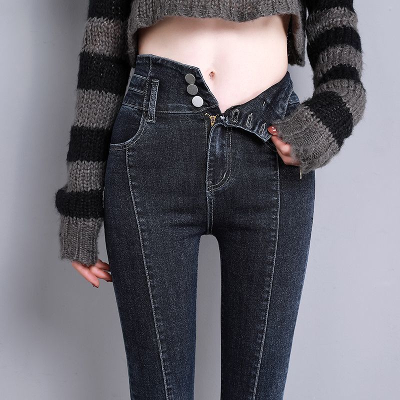 流霞丝语保暖打底裤外穿女高腰修身2023秋冬加长显瘦牛仔裤女排扣收腹