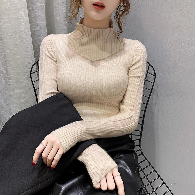 怡曼芙打底衫女半高领套头外穿毛衣女长袖网纱针织衫女洋气秋冬内搭上衣 杏色 均码 -建议90-135斤