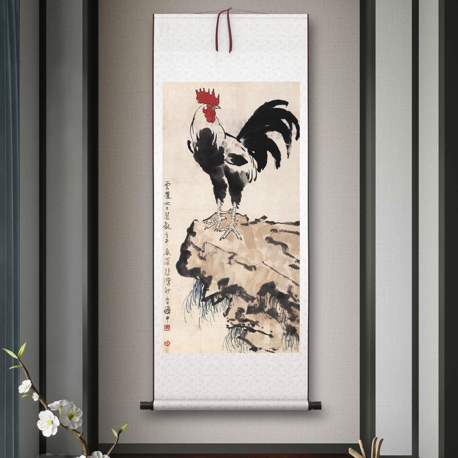 已装裱挂轴,银白色锦绫 画心尺寸35*69厘米