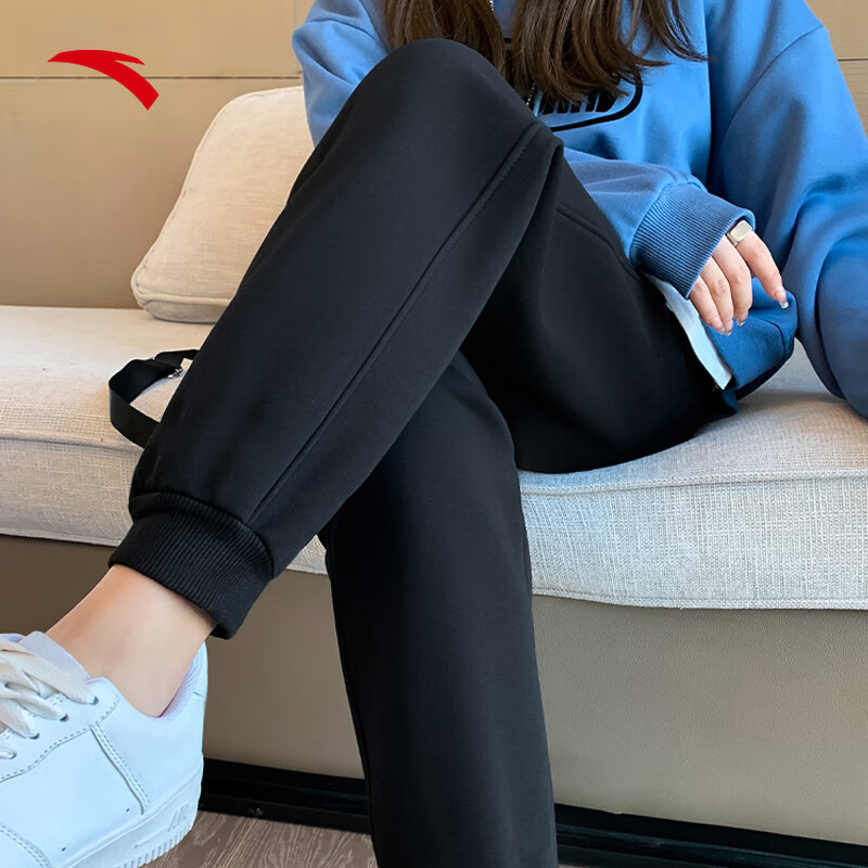 安踏运动长裤女裤春季保暖黑色休闲运动裤针织卫裤收口束脚裤子 【质感挺阔-束口】-基础黑 春季版本 M /165