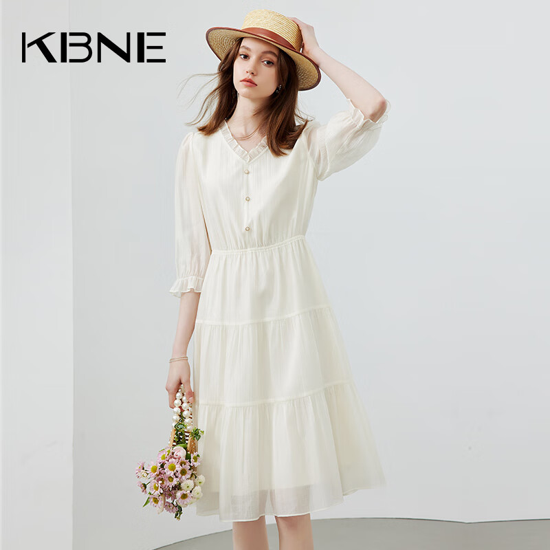 KBNE连衣裙女白色小个子长裙2025新款气质法式V领中袖莱赛尔裙子 米色 M