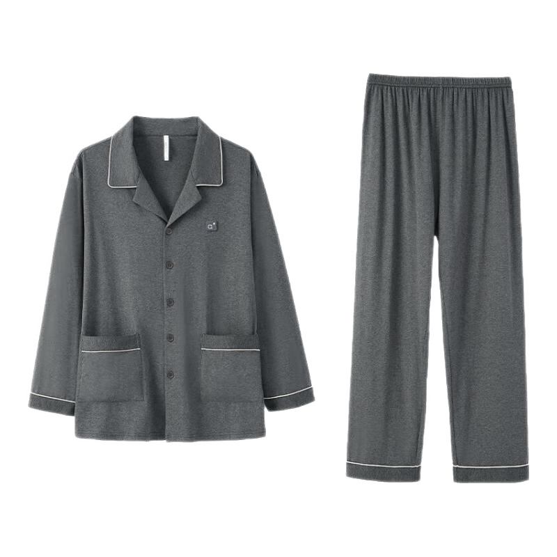 安之伴男士睡衣春秋季休闲简约透气翻领开衫长袖长裤家居服套装 A暗灰色 2XL