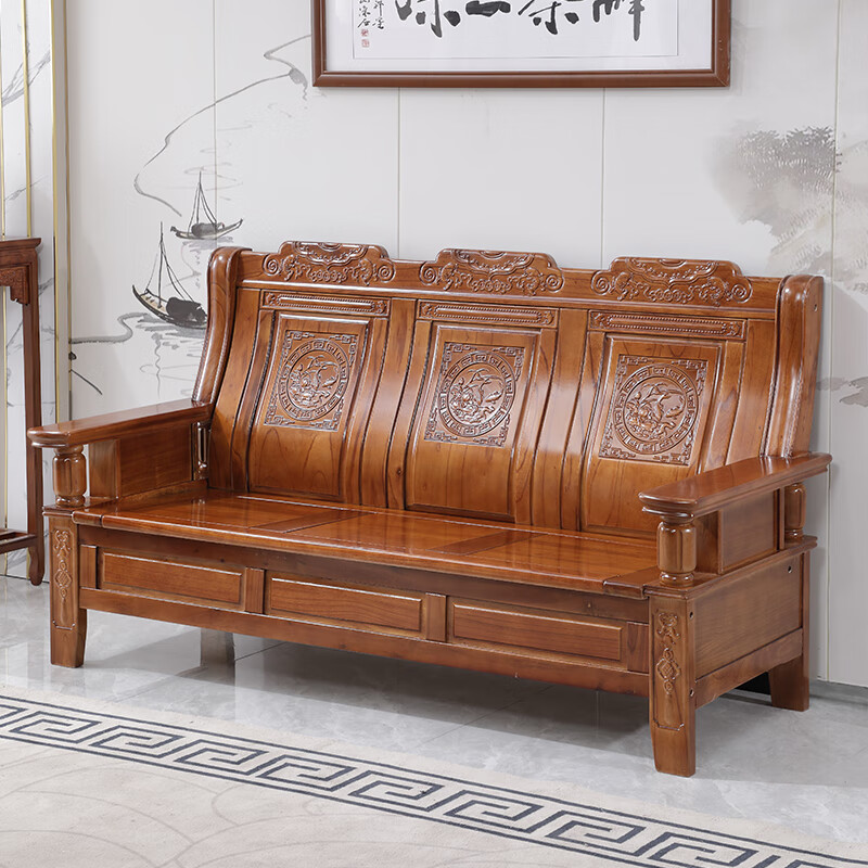 诗亭阁纯实木沙发联邦椅实木沙发小户型客厅茶几农村木头三人位春秋椅