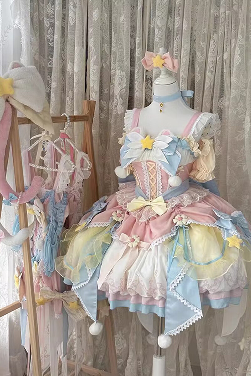 COLBETMIL可愛魔法少女lolita粉藍(lán)連衣裙jsk花嫁洋裝重工公主裙洛麗塔 粉藍(lán)套裝 M