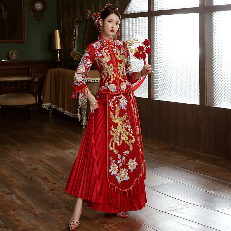 戴丽格新款中式刺绣秀禾服新娘结婚敬酒礼服古典大红秀禾服旗袍裙 大