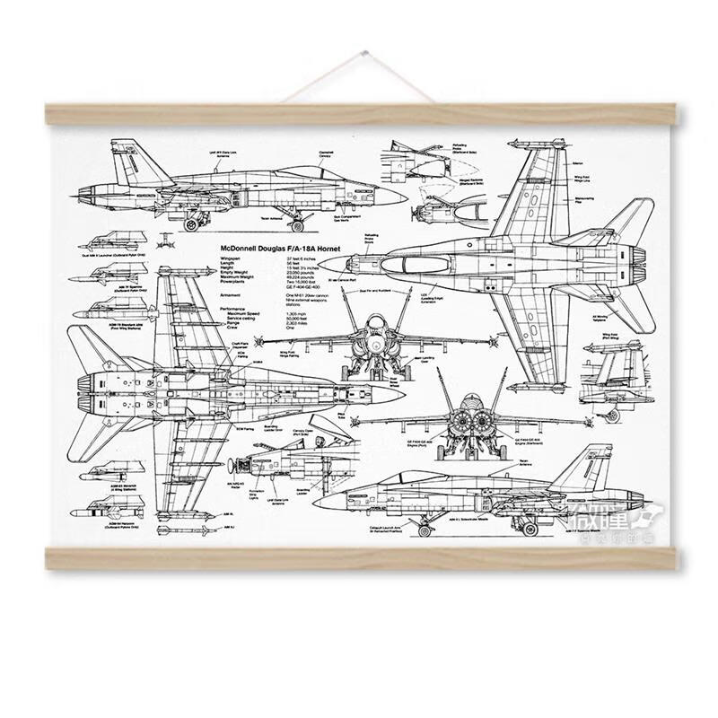 美识战机设计结构图纸 空军f18大黄蜂战斗机装饰画喷气式飞机分解图蓝