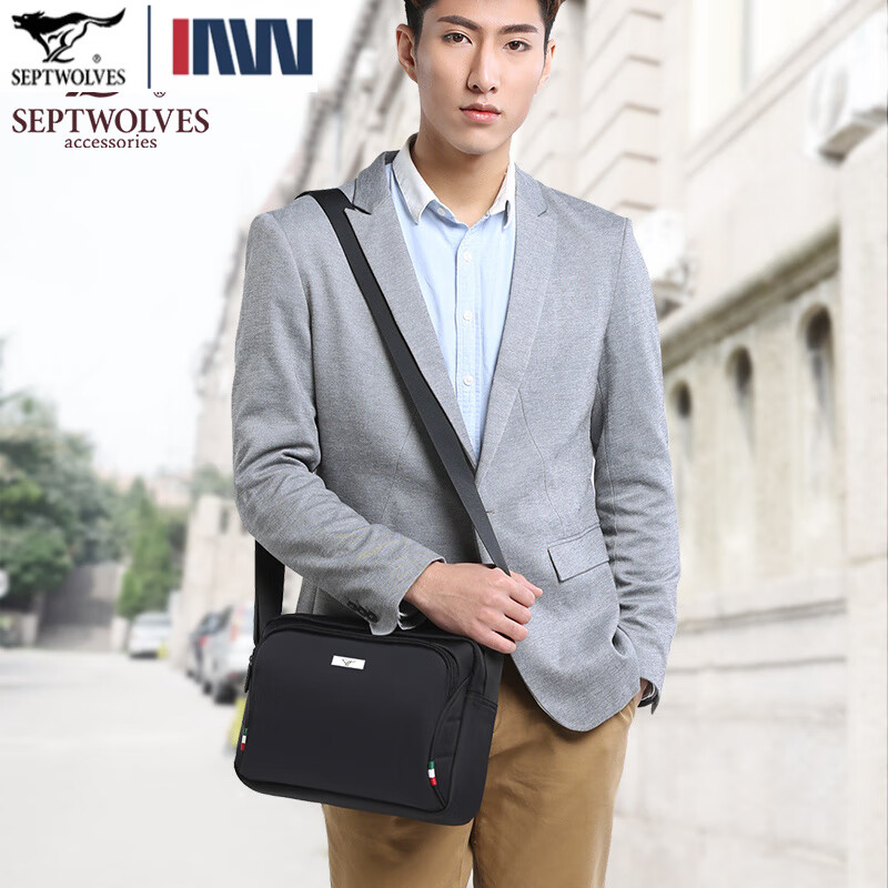 七匹狼单肩包男 牛津帆布包休闲横款运动单肩斜挎背包男包 款式八黑色