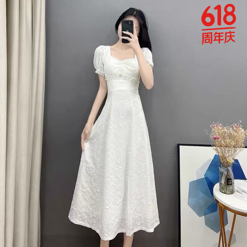 夏季2024新初恋法式复古温柔风甜美可盐可甜气质小裙子 白色提花 xs