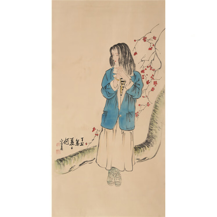 手绘国画名家大师何家英精品三尺竖幅人物图装饰收藏加购带带证书