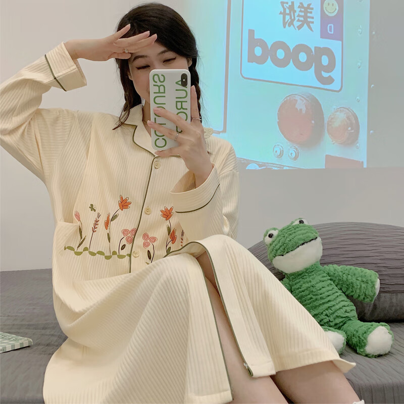 奢芬月子服待产裙孕妇纯棉睡裙女春夏长袖可爱熊猫哺乳喂奶全棉家居服 361#小花开衫长裙 L(建议90-120斤)
