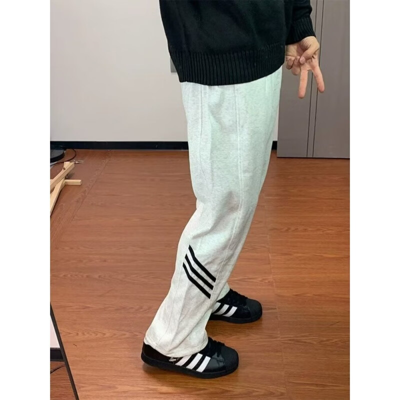 POUM休闲裤男百搭直筒宽松长裤男女美式条纹阔腿裤男日常慵懒风裤子男 BKEG-bk06灰色 2XL 【建议125-140斤】