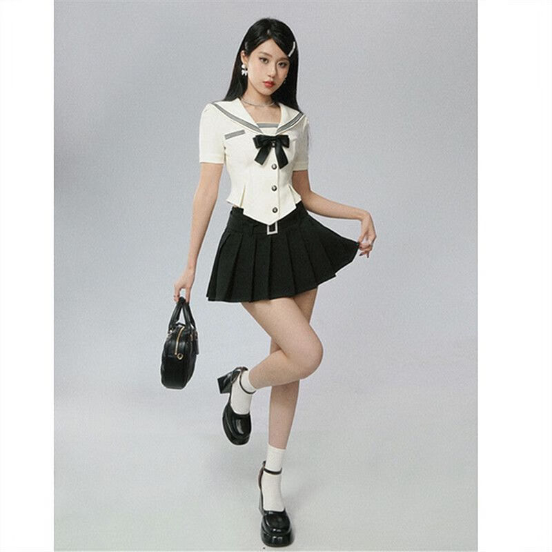 顿冉超短裙露臀无打底美式学院风辣妹jk制服水手服海领上衣高腰百褶裙