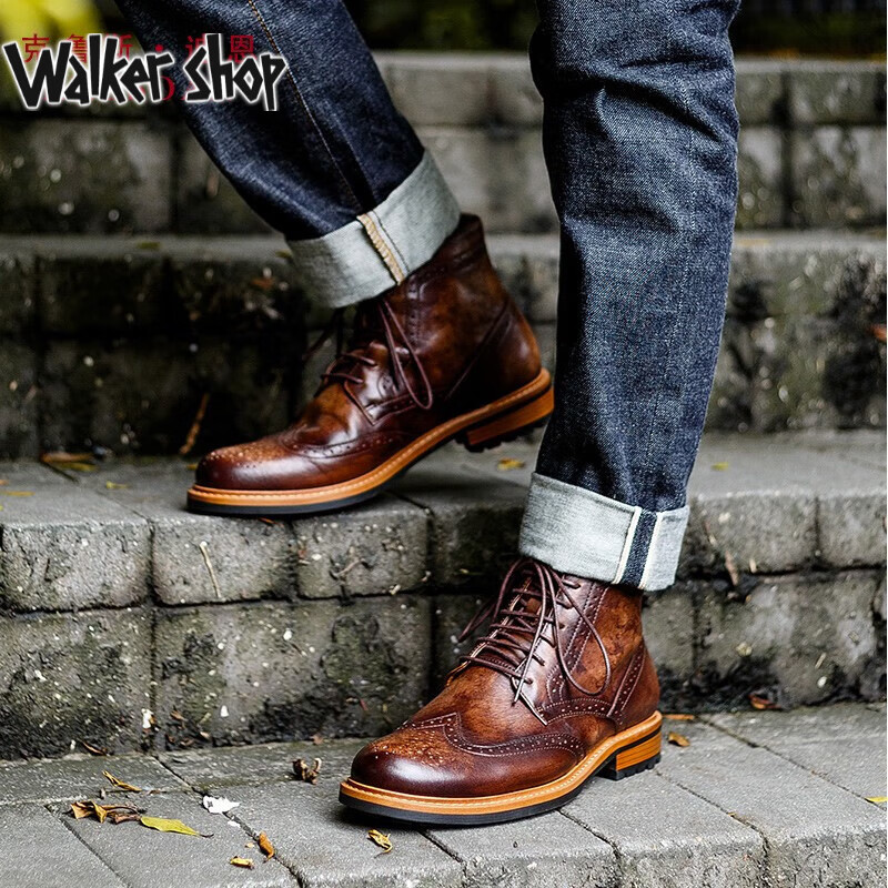 Walker Shop马丁靴男系带【甄选头层牛皮】复古潮流休闲皮靴雕花布洛克 咖啡色 38
