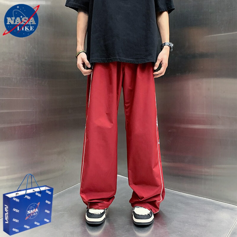 潮牌复古oversize高街裤子侧边条纹休闲长裤男是港风直筒阔腿裤 红色