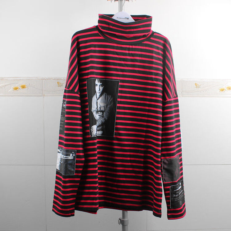 寒栩打底衫女可外穿 时尚洋气春gd ins同款高领红黑条纹情侣长袖复古