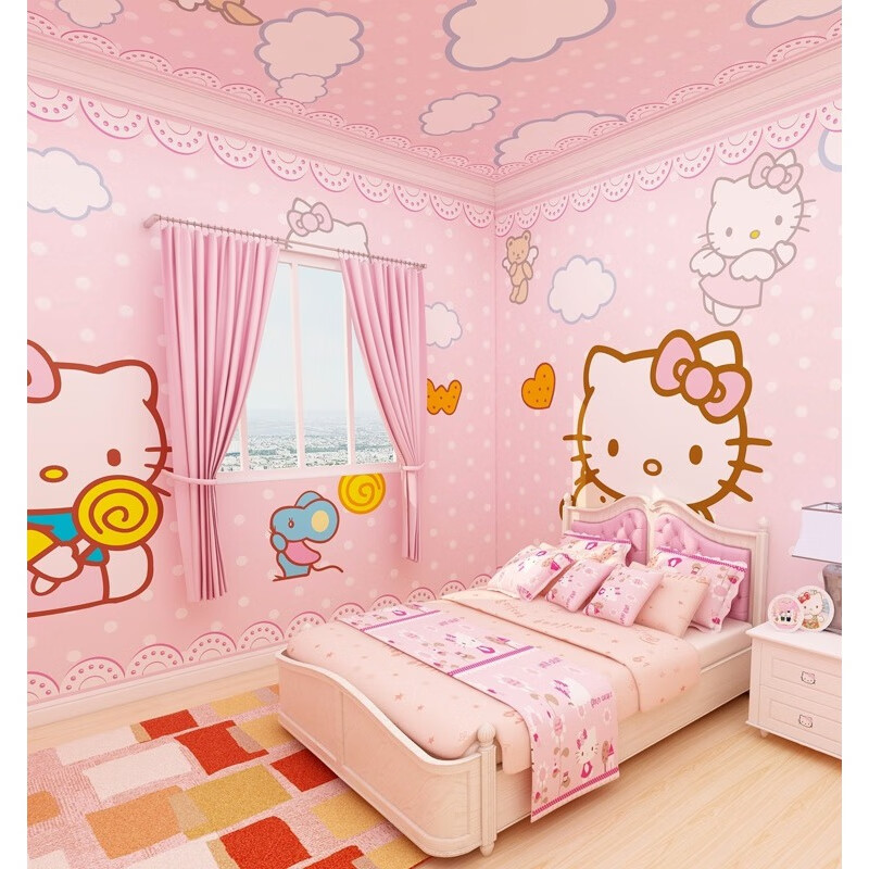 云舵kt猫女孩温馨卧室壁纸儿童房公主粉色壁画简约儿童墙布麻将馆墙纸