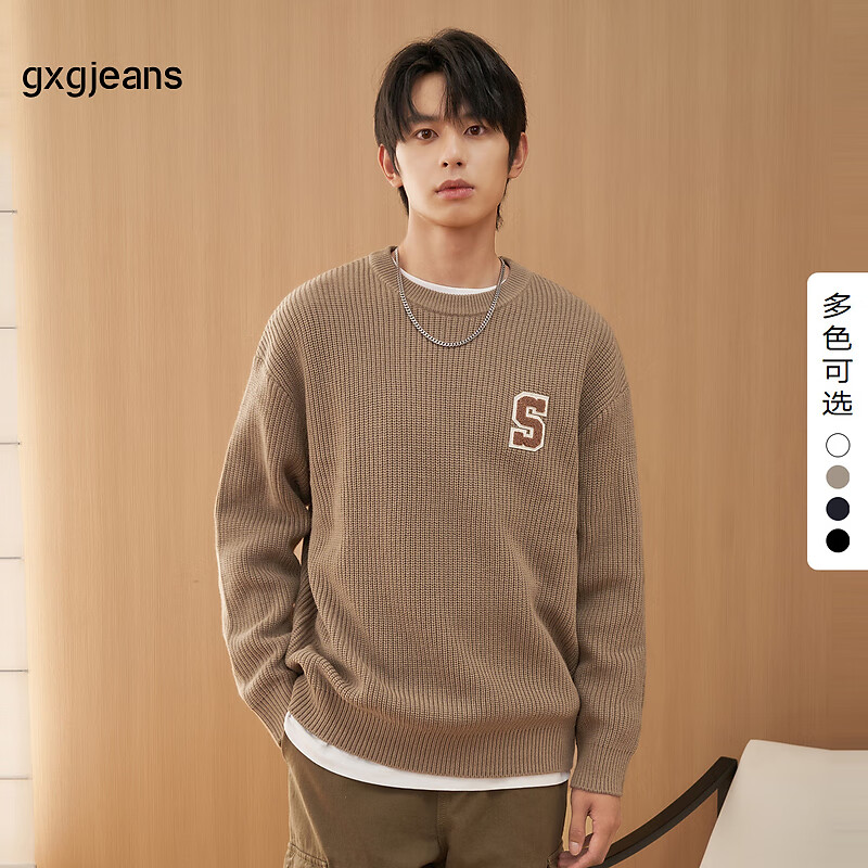 gxgjeans男装 2024年冬季毛巾绣字母毛衣圆领针织衫 4色可选 卡其色-1 170/M