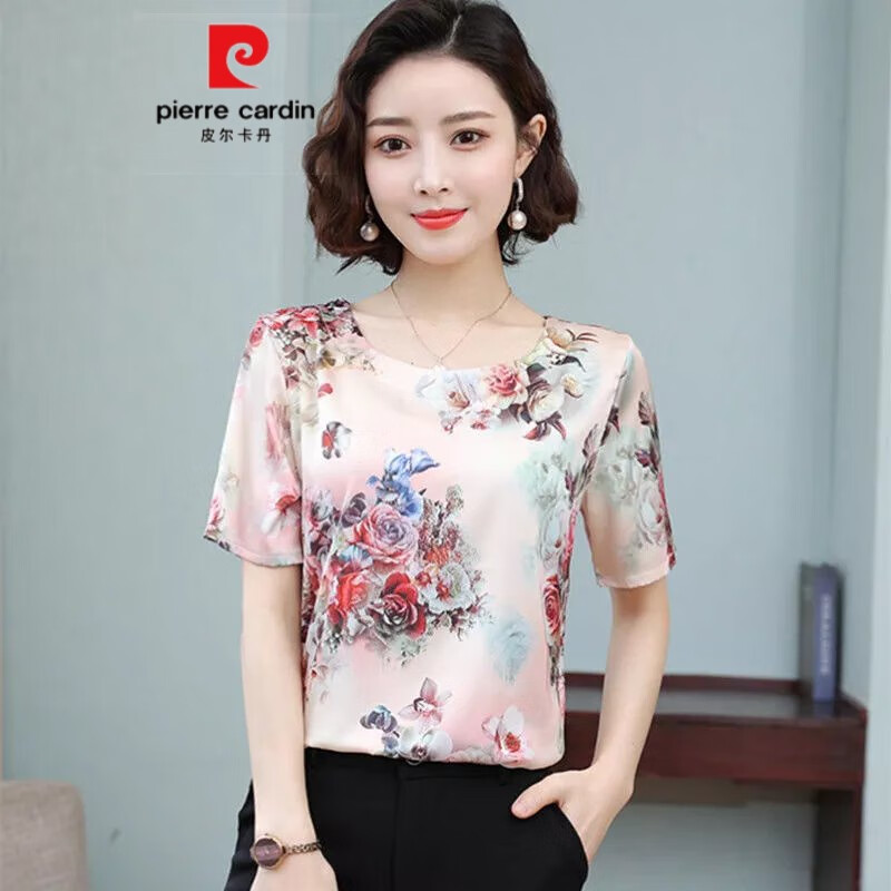 cardin)杭州真丝短袖上衣女夏季新款圆领大码宽松印花桑蚕丝妈妈装t恤