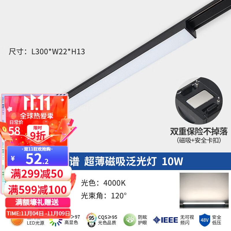 可圣照明（kecent）超薄明装磁吸轨道灯射灯led全光谱吸顶免吊顶客厅无主灯 泛光灯300mm 10W 4000K 全光谱属于什么档次？