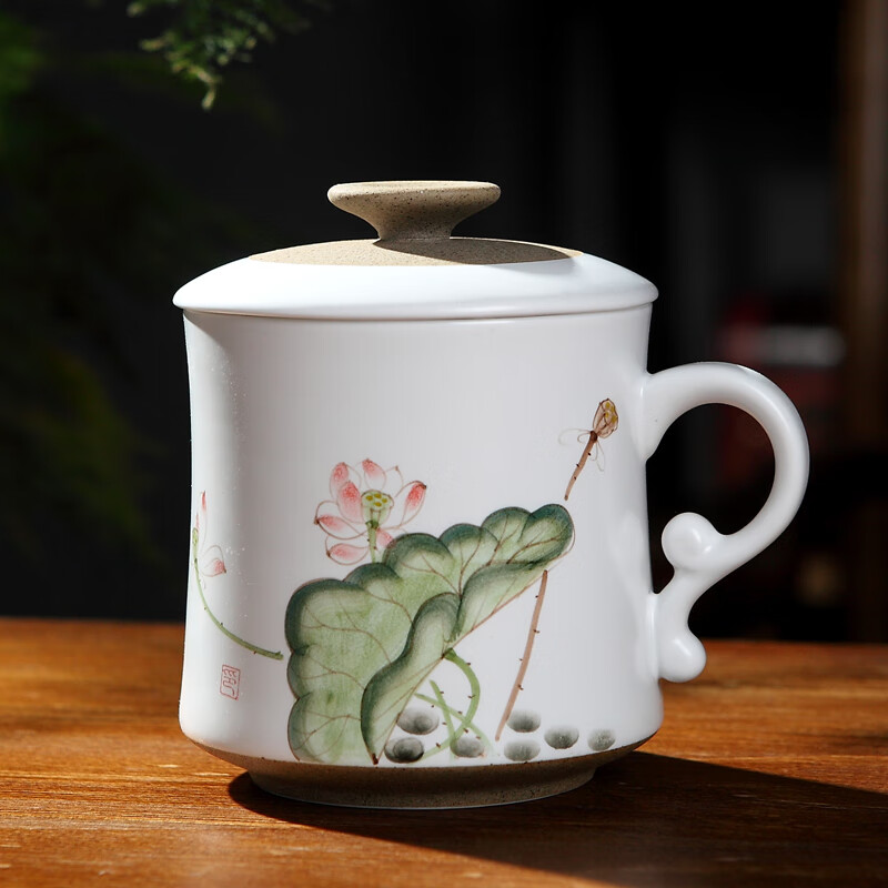 图景德镇茶杯陶瓷手绘带盖过滤泡茶杯个人办公室水杯子茶具 荷叶荷花