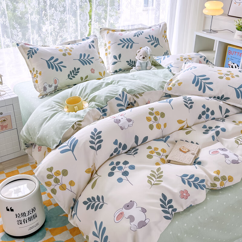 羽匠加厚磨毛小清新印花四件套学生宿舍套件家用床单柔软四件套秋冬季 丛林兔 床单款 床四件套(被套200*230cm)