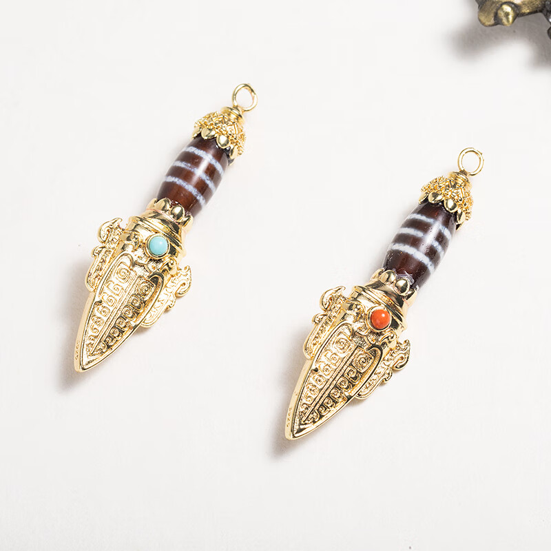 蓝翠缘 铜镀金镶嵌玛瑙天珠 三线三眼天圆地方九眼天珠金刚杵吊坠挂坠