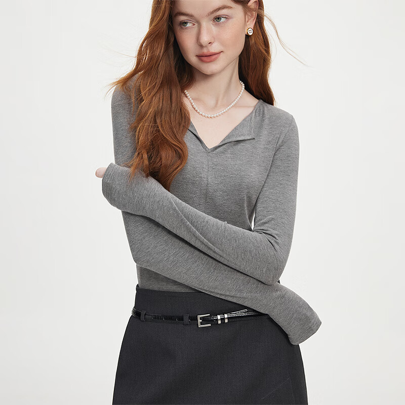 范思蓝恩秋季V领套头百搭长袖针织T恤女秋季2024新款通勤修身针织衫上衣 高级灰 L