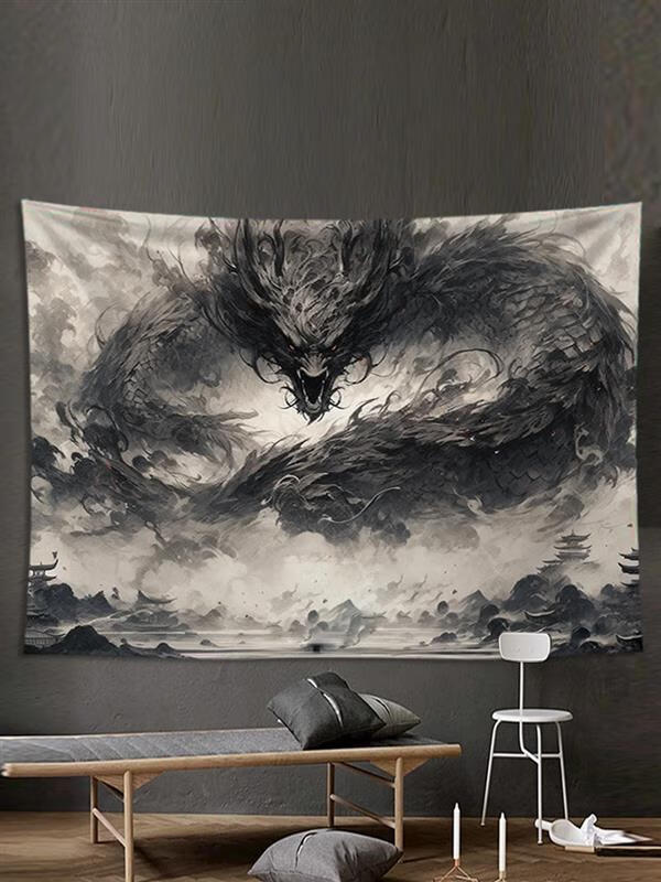 山头林村黑白水墨龙书法 黑白水墨龙挂布背景布房间墙布卧室小众艺术