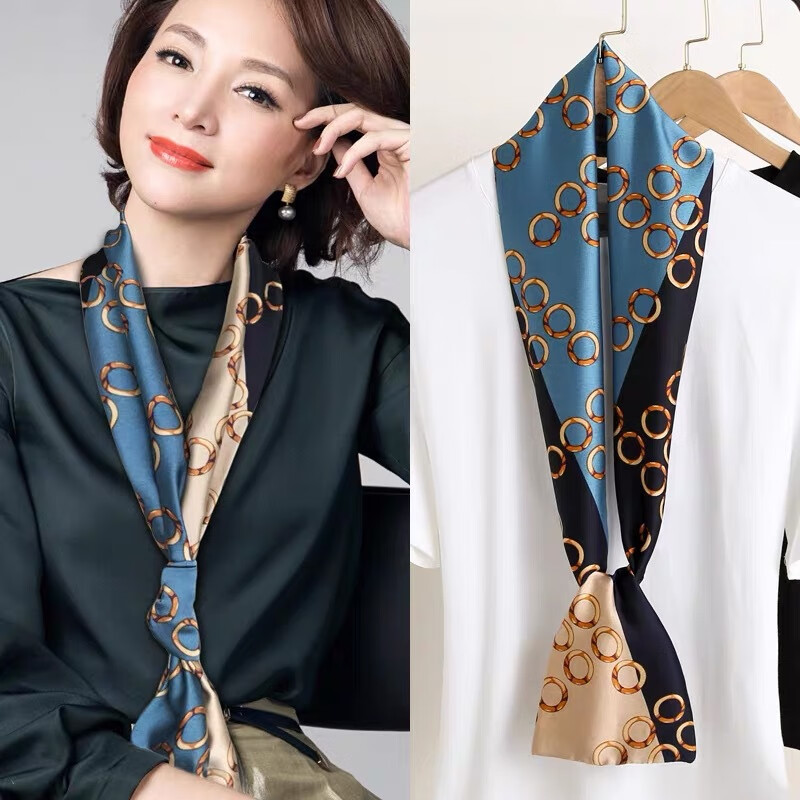 奥义驰小长条窄丝巾女百搭春秋夏季护颈脖子装饰长款薄围巾方巾韩系领巾 015黑米链条 15*145cm