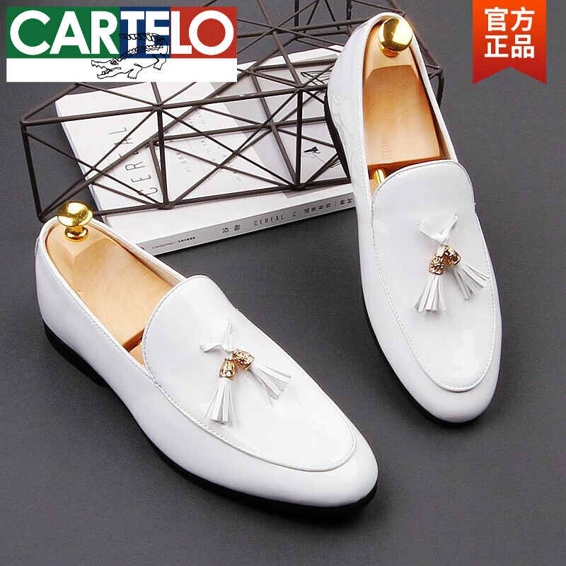 卡帝乐鳄鱼（CARTELO）流苏豆豆鞋男真皮潮流一脚蹬尖头皮鞋男商务正装增高漆皮乐福鞋男 A款黑色 40
