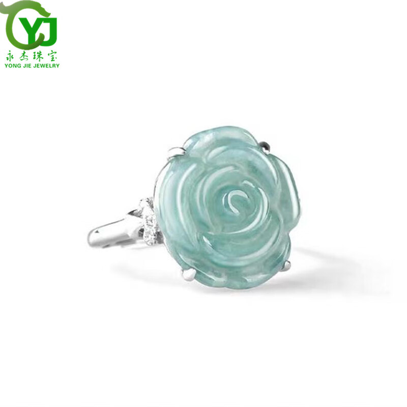 永杰原创【爱情】A货翡翠蓝水玫瑰花戒指冰种指环女戒礼物带证书