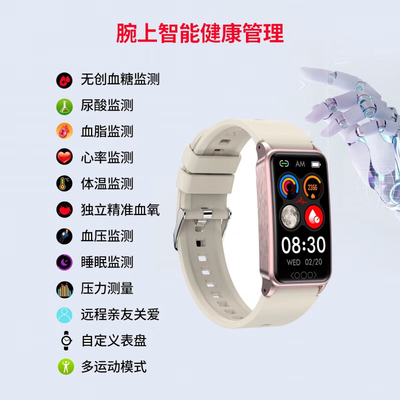 华为小米手环9适用血糖血压尿酸睡眠监测智能手环运动心率手表 浅白粉-心率血糖血氧血压监测
