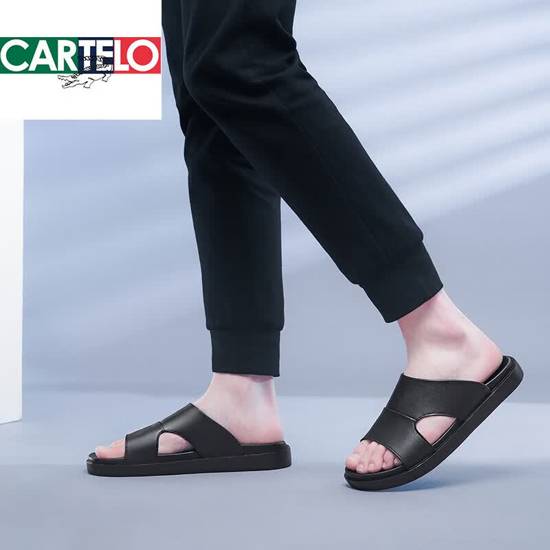 卡帝乐鳄鱼(CARTELO)2026夏季新款手工凉拖男真皮超软外穿百搭凉鞋透气头层牛皮拖鞋轻 黑色 40