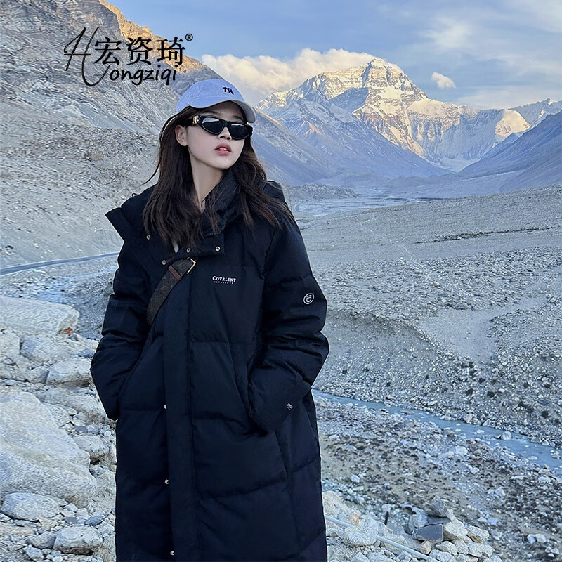 宏资琦羽绒棉服女冬季2025新款加厚中长款棉衣外套宽松过膝长款棉袄超厚 黑色 L （建议115—125斤）