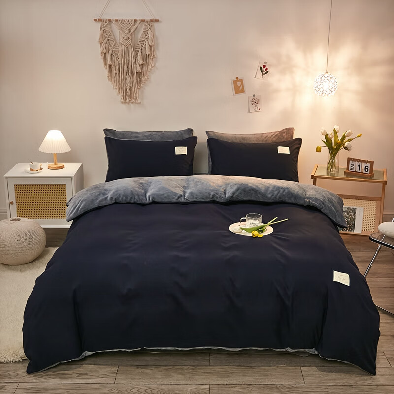 单面绒被套ab面被套单面绒180x220冬天被套冬毛绒ab面被罩 藏青加牛奶