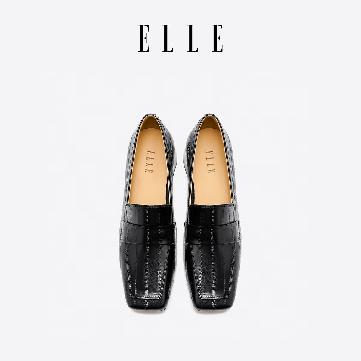 ELLE官方乐福鞋女鞋新款高跟鞋女方头单鞋粗跟鞋子工作鞋 黑色 4cm 39 (245mm) 标准码