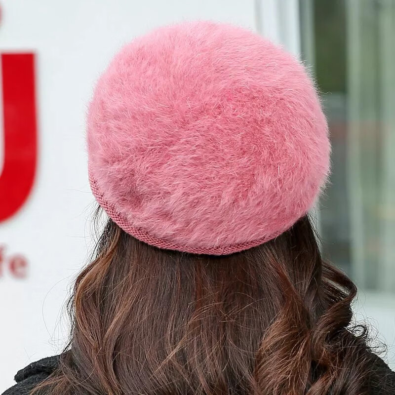 欧曼玫【现发】帽子女冬天加绒保暖护耳鸭舌针织帽贝雷帽兔毛帽加厚毛线 豆沙色