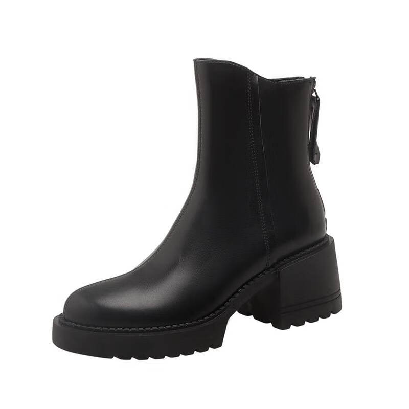 mms牛皮复古英伦风马丁靴女款秋冬高跟靴子粗跟短靴加绒中筒女靴 黑色