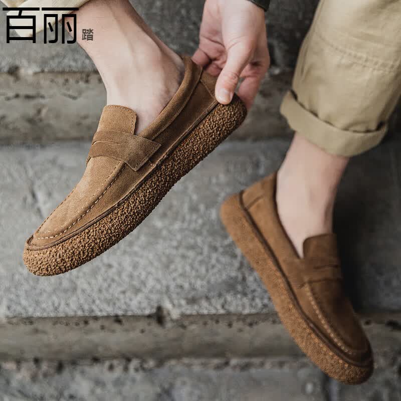 百丽踏品牌夏季豆豆鞋男真皮一脚蹬懒人休闲皮鞋2024年新款软底透气