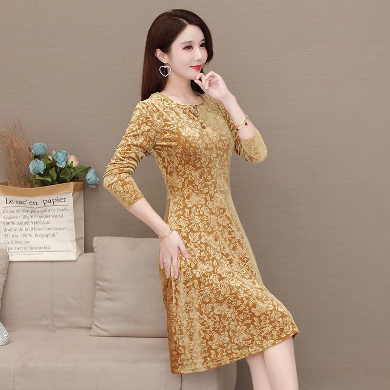 伦蓝色金丝绒连衣裙秋冬季金丝绒秋冬长袖连衣裙2023新款中年修 金色