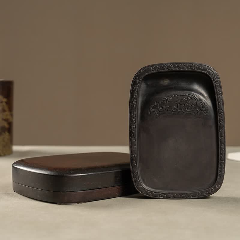 culture清代万经款螭龙纹敞池端砚(红木砚盒)古玩收藏文房雅器砚台