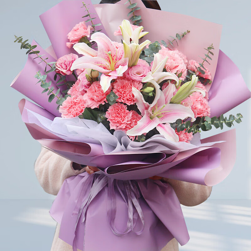 花束生日送妈妈母亲节送花 【感恩有你】19朵康乃馨混搭6朵百合花束