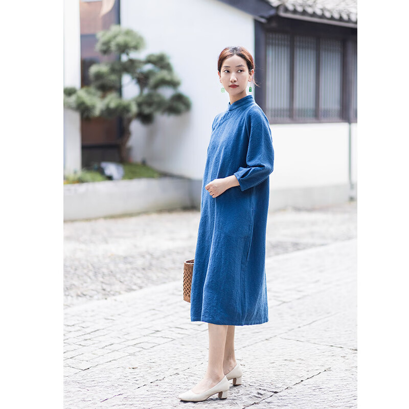 照本堂女装国风独立研发新款自然舒适立领斜襟袍子连衣裙w32193 孔雀