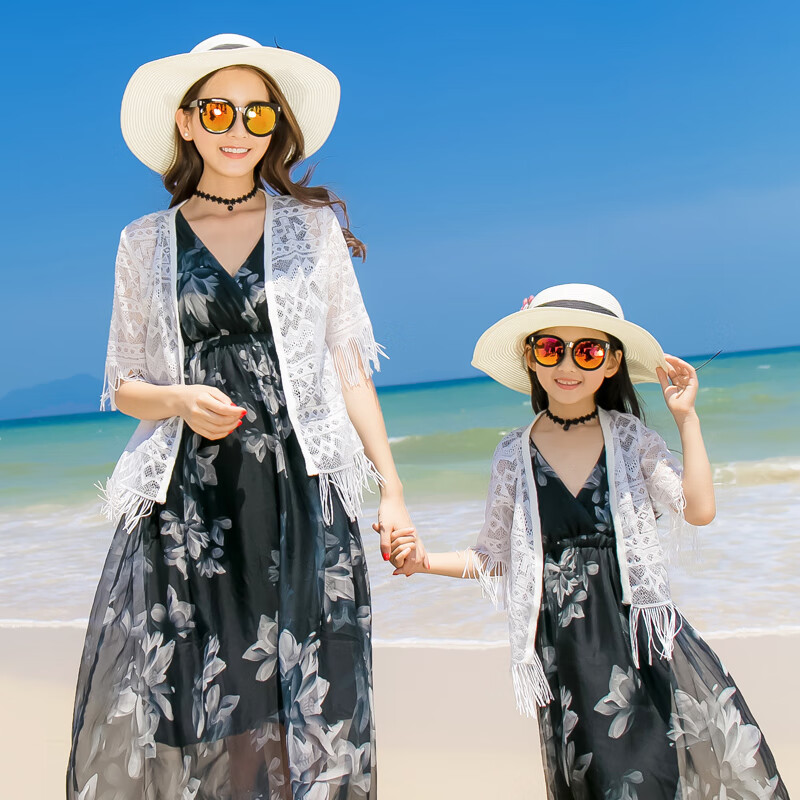 悦海悦贝海边度假亲子装母女装披肩搭配长款短款小外套云南丽江三亚旅游 白色短披肩 女士XXL