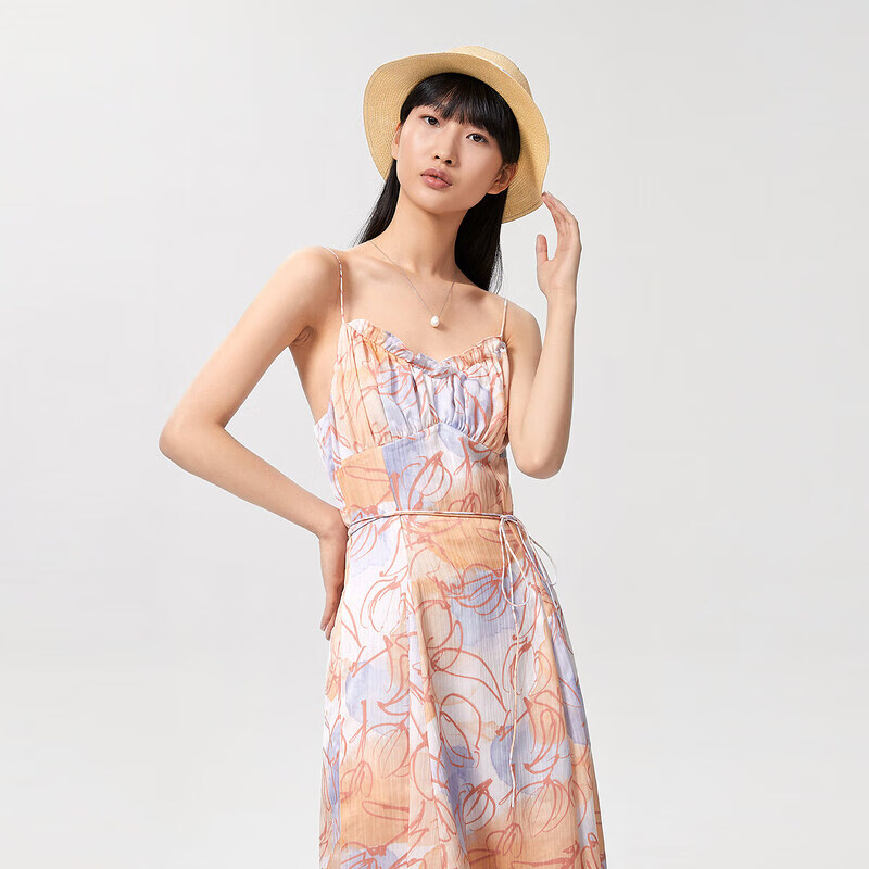 OVV【郁金香系列】OVV2022春夏新款女装水彩印花吊带连衣裙 浅橙花纹06 S