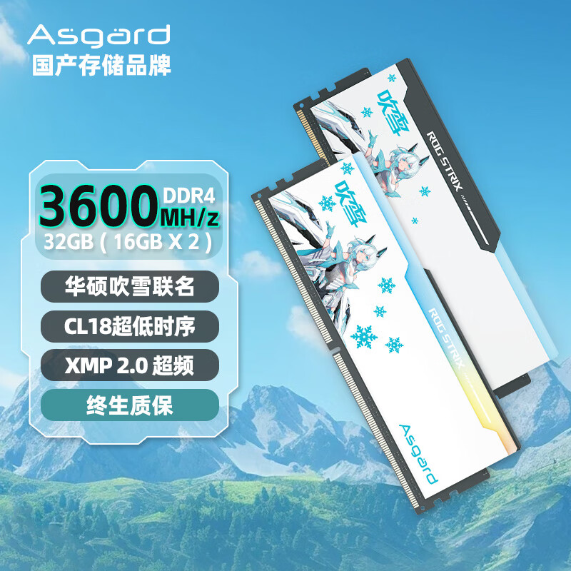 阿斯加特（Asgard）32GB(16GBx2)套装 DDR4 3600 台式机内存 RGB灯条 吹雪联名款