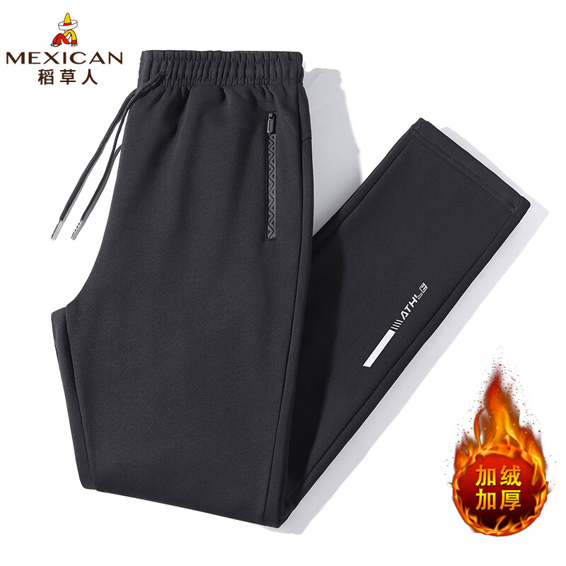 稻草人 （MEXICAN）运动长裤男春秋新款反光条设计时尚防风品质休闲裤SY 加绒黑色直筒 3XL